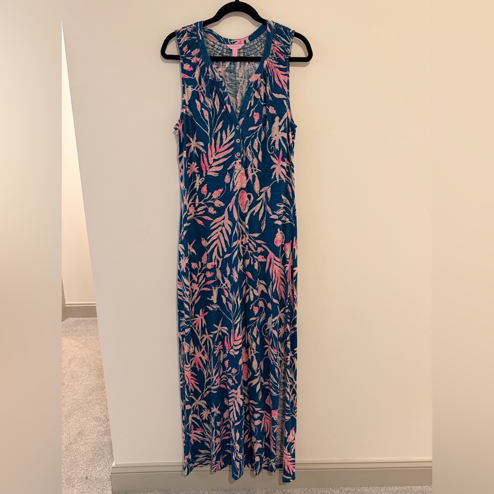 Lilly Pulitzer Navy Blue Maxi Dress with Pink Tropical Print